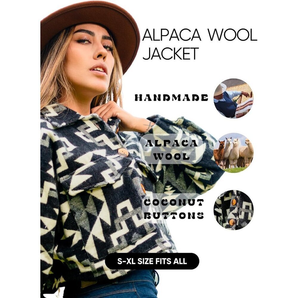 Women's Cropped Jacket 2025 Spring Alpaca Jacket Shacket Long Sleeve Black Beige - Picture 5 of 7